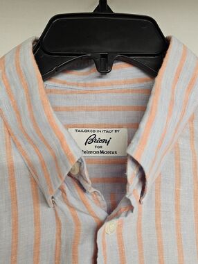 Brioni Premium Striped Long Sleeve Slim Fit Linen Shirt Pink Blue Large $189 Ret